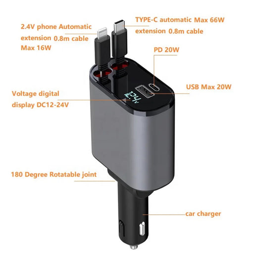 PhoneLooks 4-in-1 Multi-Charging Ports Car Fast Charger 86W Rotatable with Retractable Cables